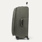 side profile view of the slate green travelpro maxlite 5 large check-in spinner showing the side carry handle, expansion zipper, and slim profile.