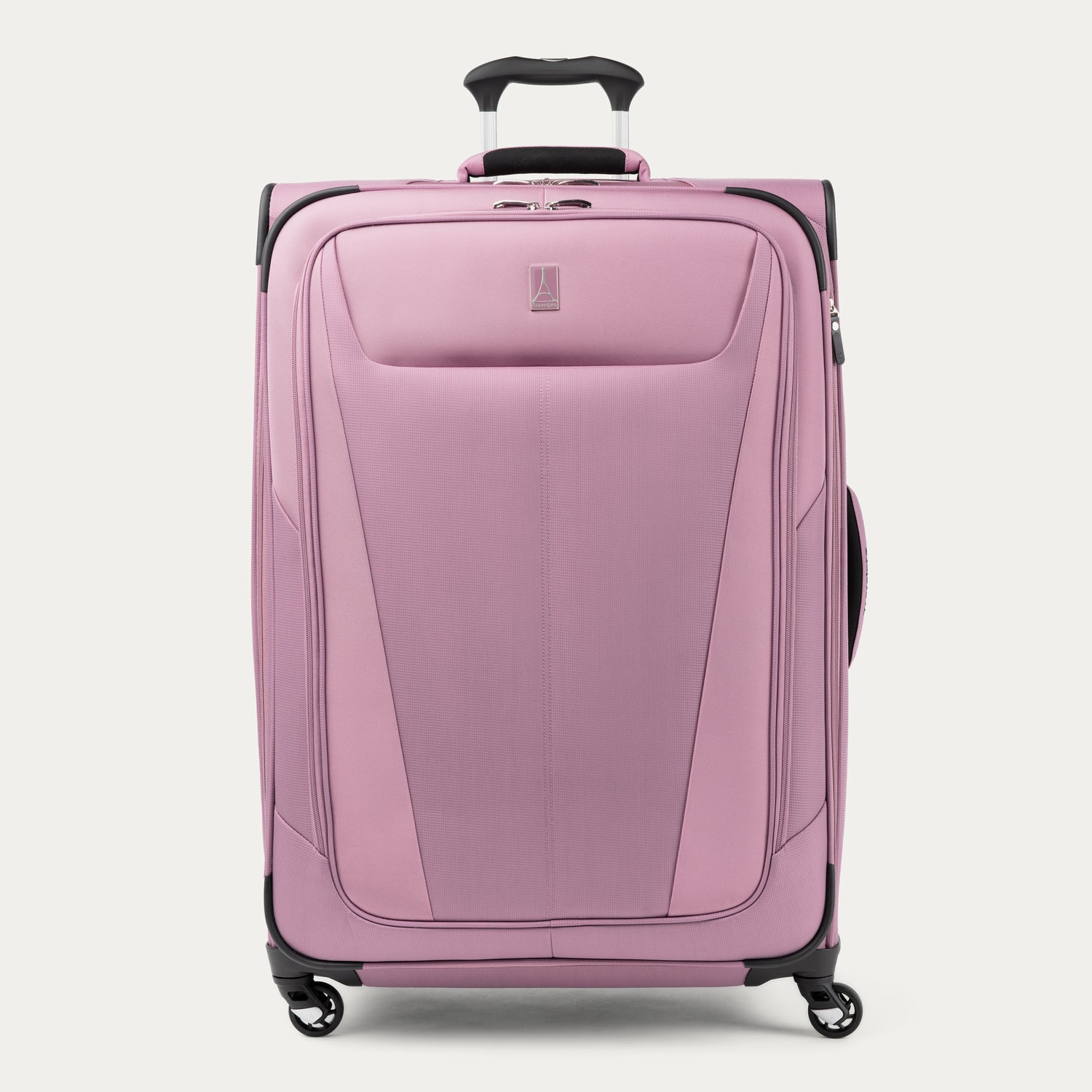 Front view of Maxlite 5 Large Check-In Expandable Spinner in Orchid Pink, offering smooth mobility and minimalist style.