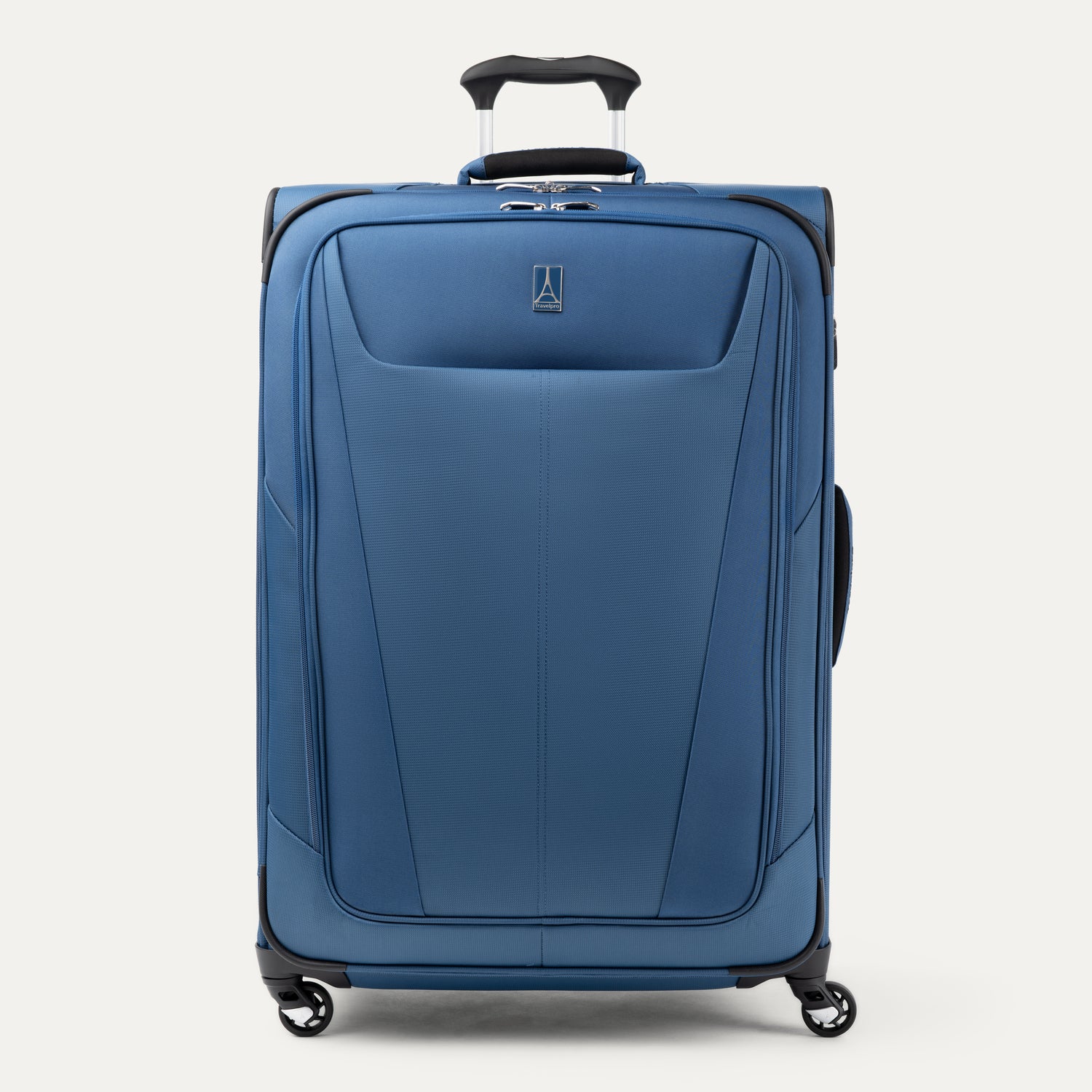 Front view of Maxlite 5 Large Check-In Expandable Spinner in Ensign Blue, offering smooth mobility and minimalist style.
