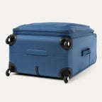 bottom and side view of the ensign blue travelpro maxlite 5 large check-in spinner showing the four 360 degree spinner wheels and the bottom molded handle cup for easy lifting.