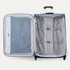 interior view of the open ensign blue travelpro maxlite 5 large check-in spinner showing the gray ecofab packing compartment with adjustable hold-down straps and a full-length mesh lid pocket.