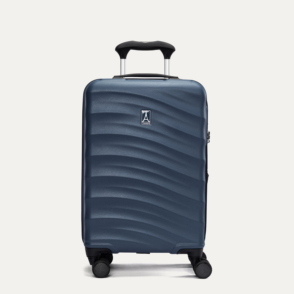 Front view of Travelpro Maxlite Air V2 Carry-On Hardside Spinner in Midnight Blue, featuring textured shell and 360° Spinner Wheels.
