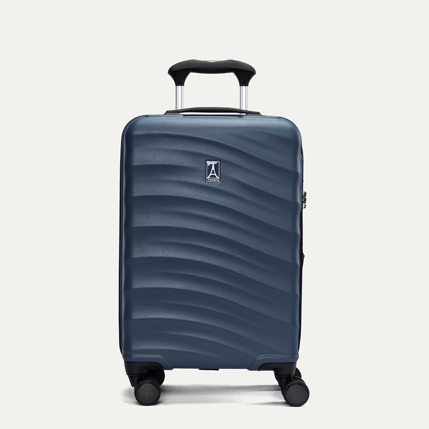 Front view of Travelpro Maxlite Air V2 Carry-On Hardside Spinner in Midnight Blue, featuring textured shell and 360° Spinner Wheels.
