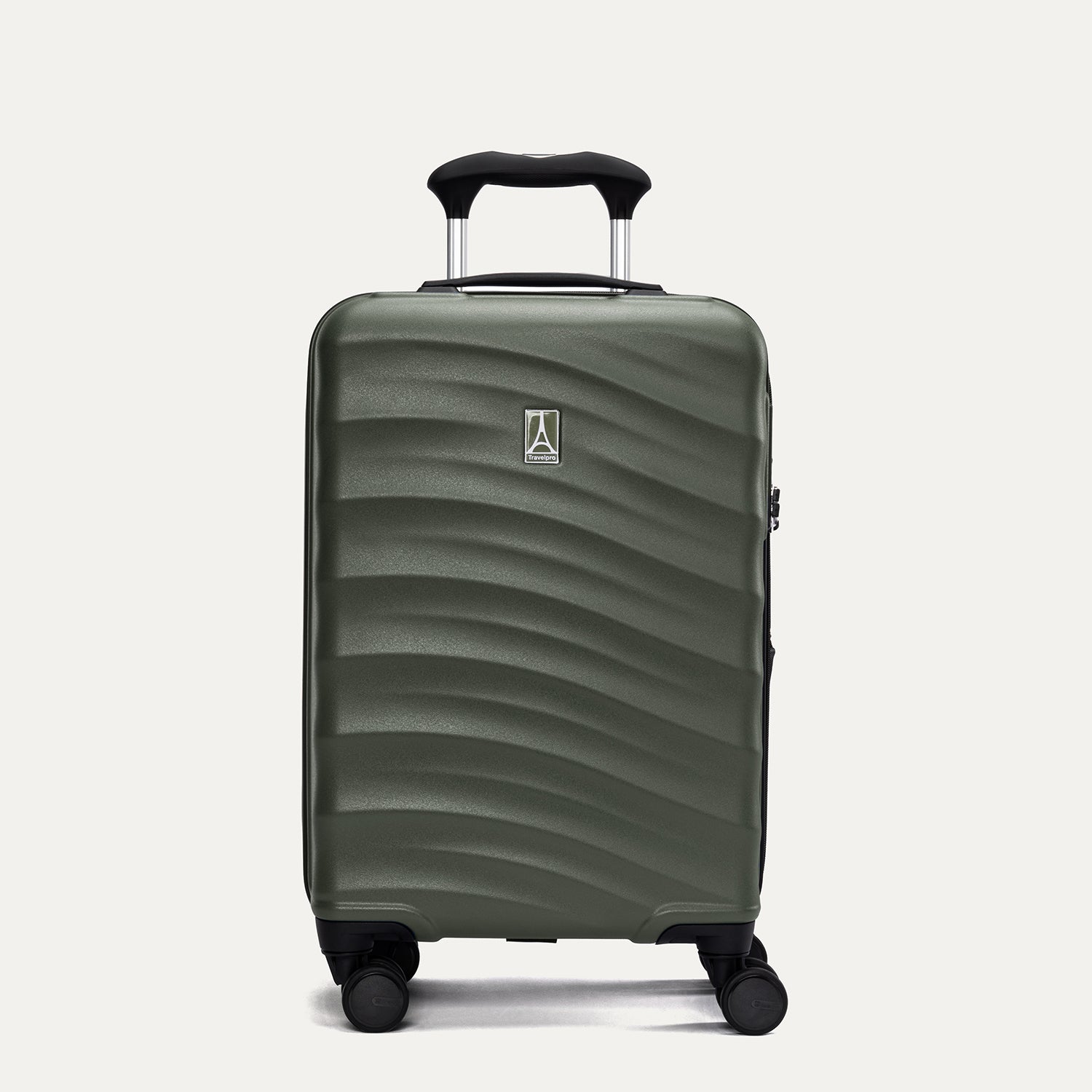 Front view of Travelpro Maxlite Air V2 Carry-On Hardside Spinner in Slate Green, featuring textured shell and 360° Spinner Wheels.
