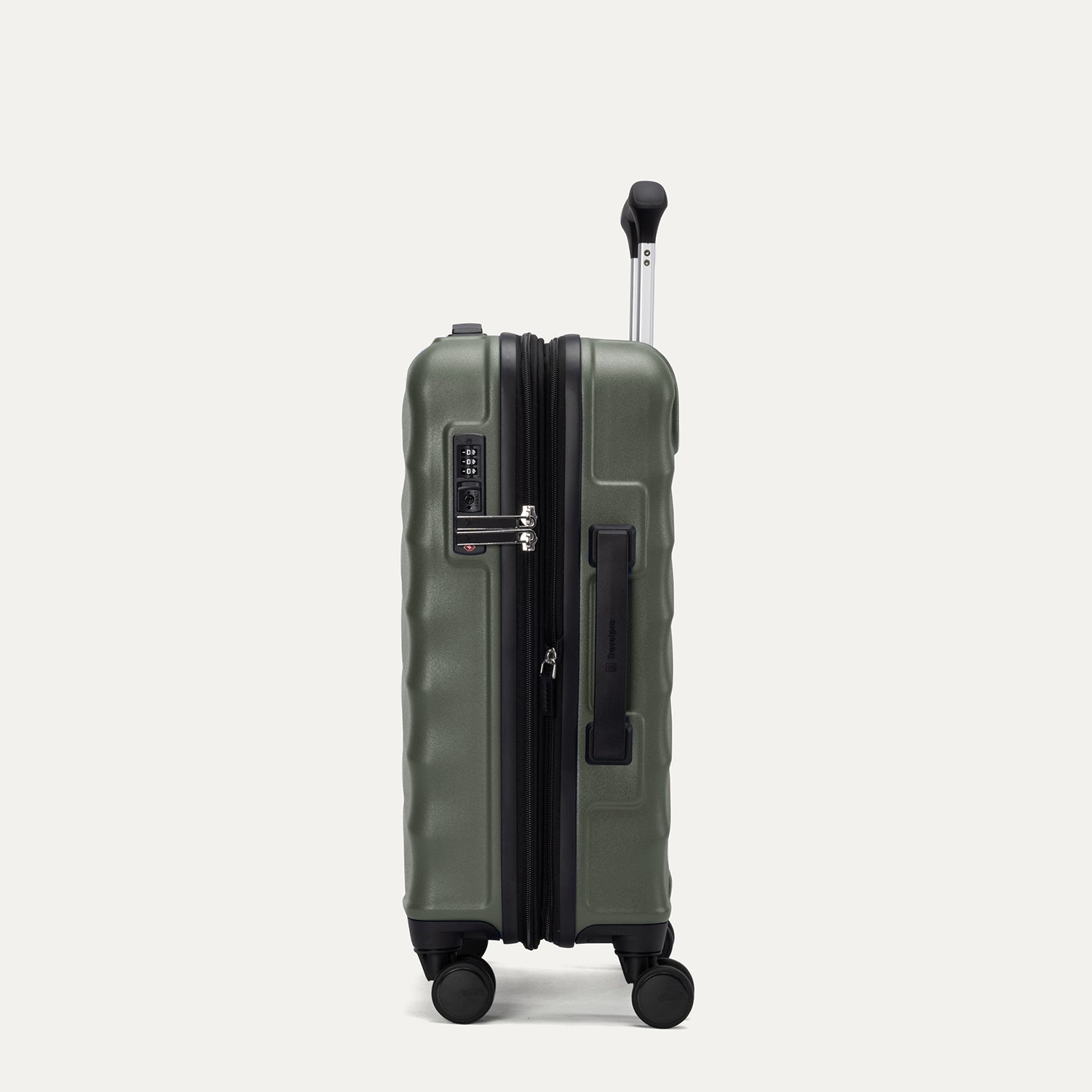 Side view of Travelpro Maxlite Air V2 Carry-On Hardside Spinner in Slate Green, showing TSA Approved Locks and Low-Profile Side Carry Handles.
