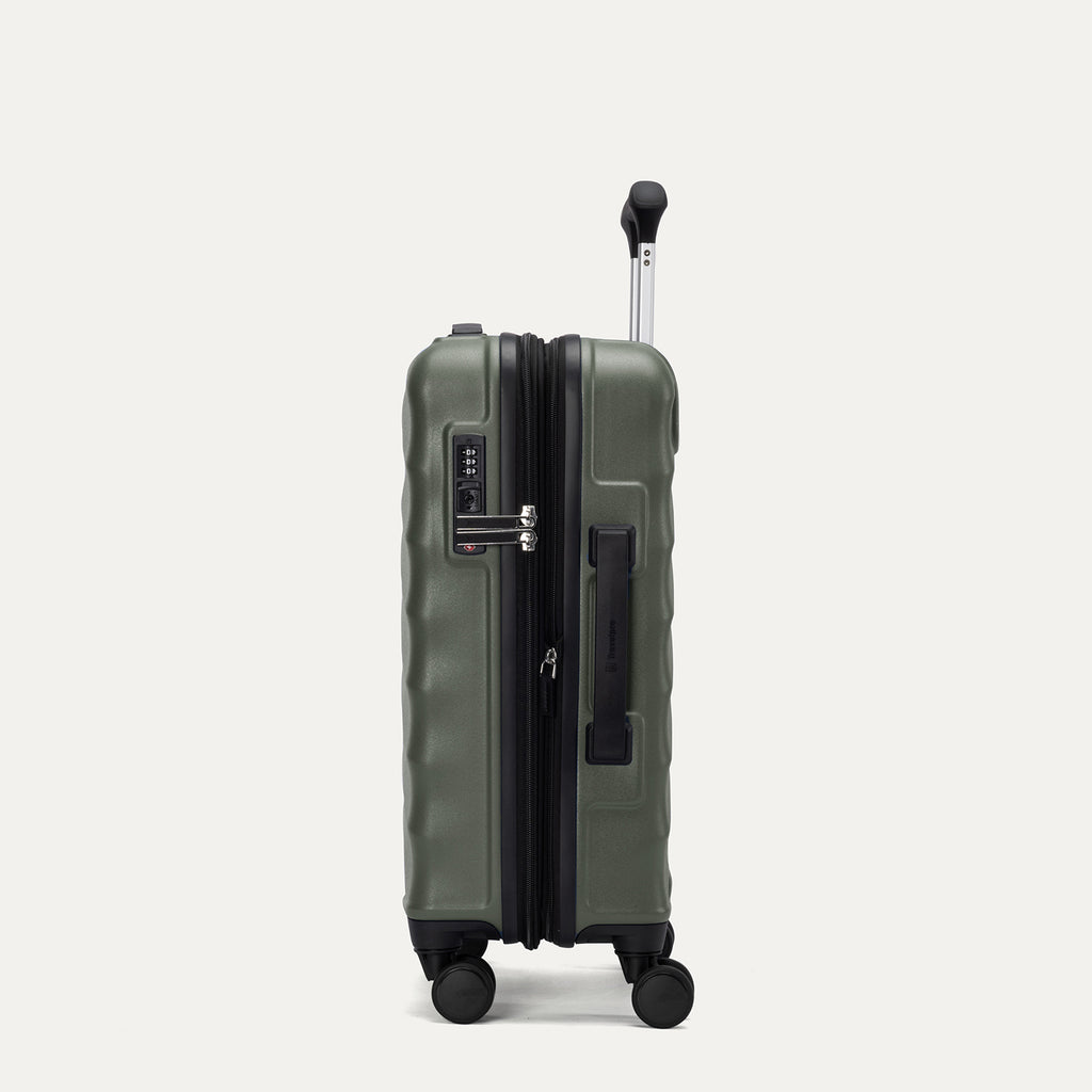 Side view of Travelpro Maxlite Air V2 Carry-On Hardside Spinner in Slate Green, showing TSA Approved Locks and Low-Profile Side Carry Handles.
