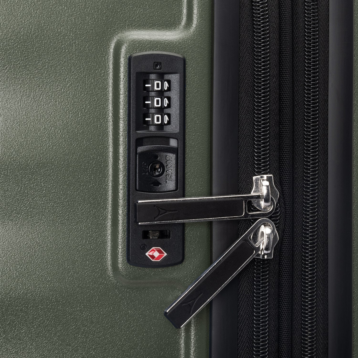 Close-up of Travelpro Maxlite Air V2  Hardside Spinner in Slate Green, featuring TSA Approved Locks and Waterproof Zippers.
