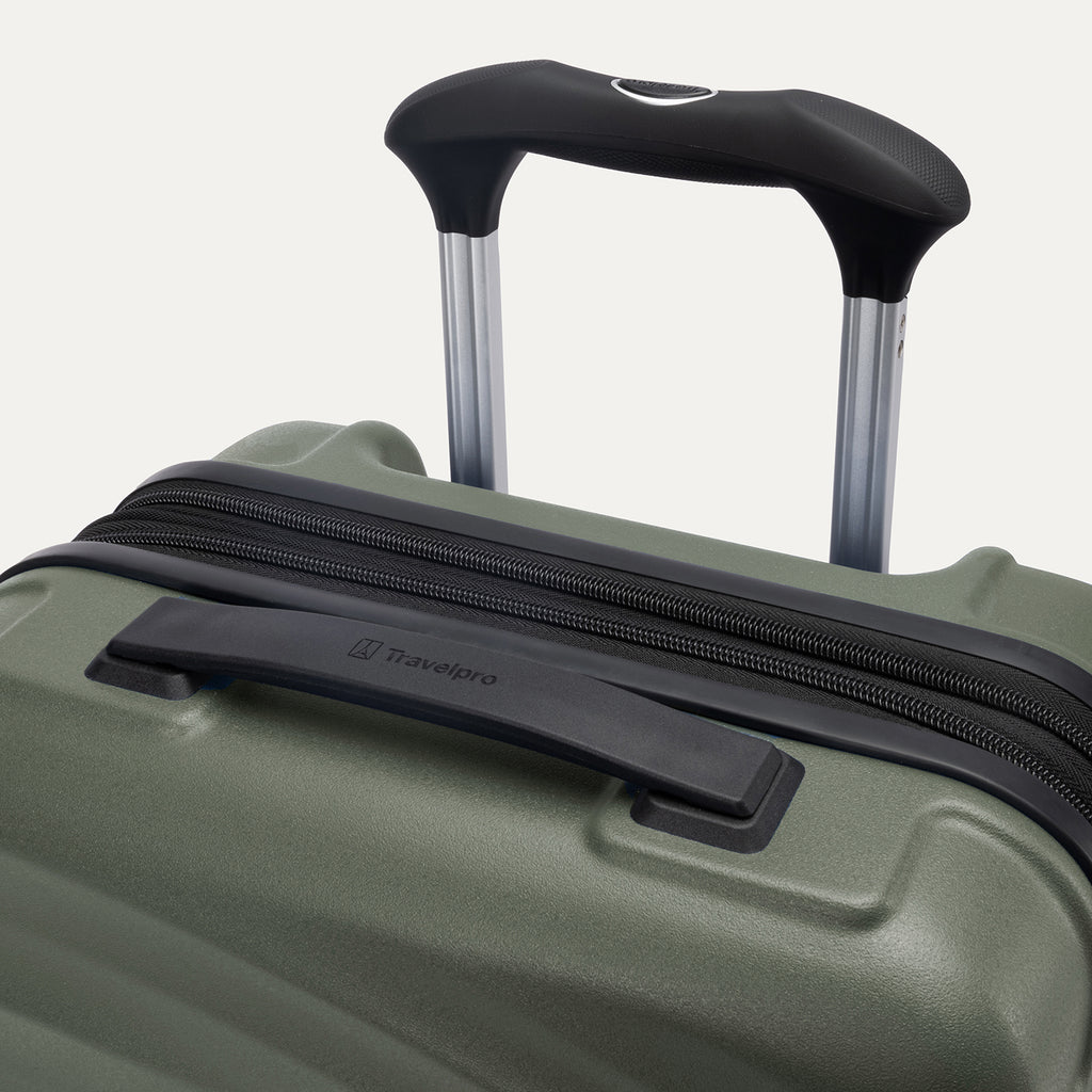 Top view of Travelpro Maxlite Air V2 Carry-On Hardside Spinner in Slate Green, showing Contour Grip and PowerScope Lite Handle.

