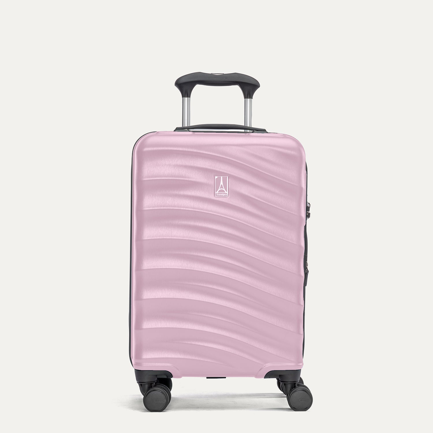 Front view of Travelpro Maxlite Air V2 Carry-On Expandable Spinner in Forever Pink, featuring textured shell, 360° Spinner Wheels, and PowerScope Lite Handle.
