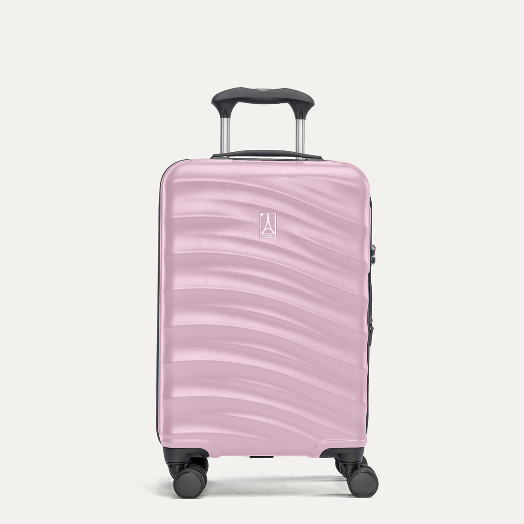 Front view of Travelpro Maxlite Air V2 Carry-On Expandable Spinner in Forever Pink, featuring textured shell, 360° Spinner Wheels, and PowerScope Lite Handle.
