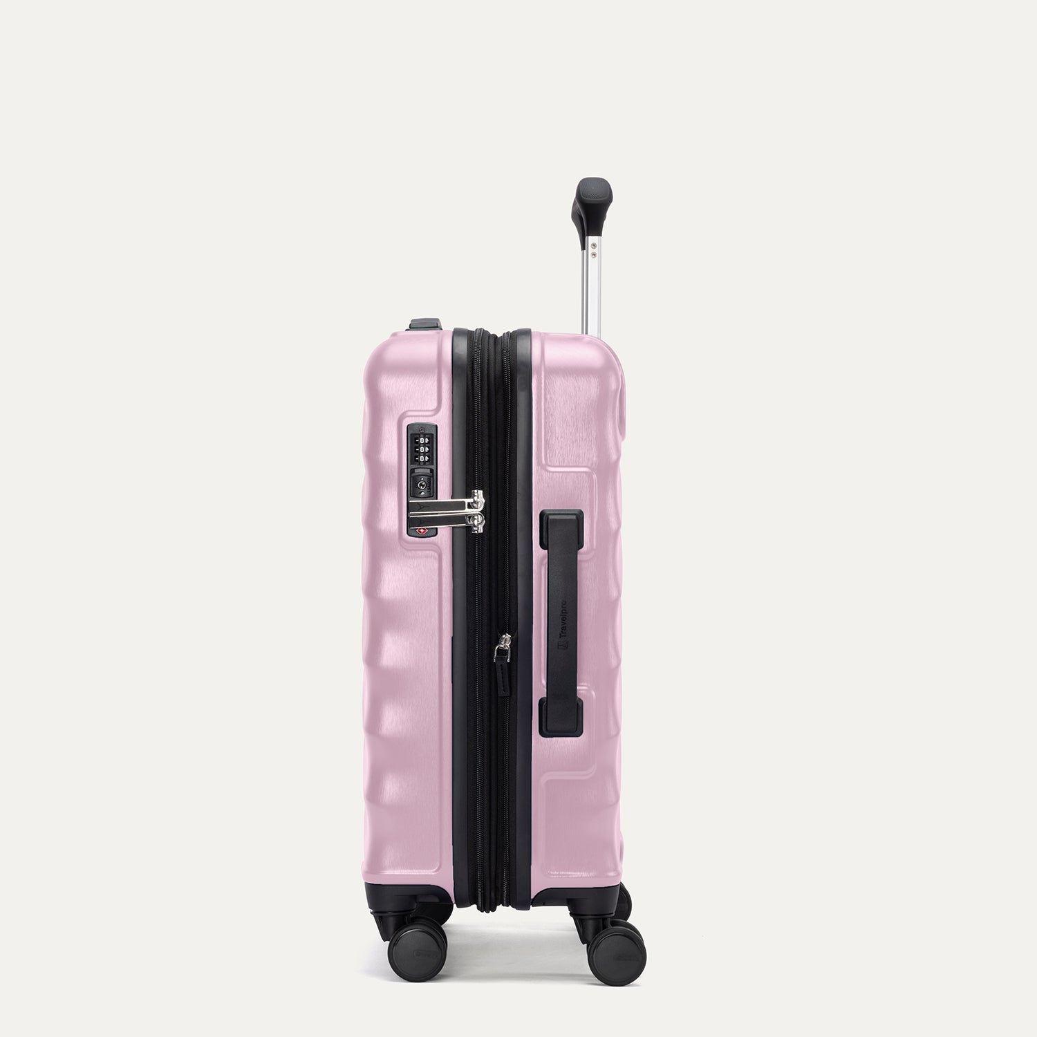 Side view of Travelpro Maxlite Air V2 Carry-On Expandable Spinner in Forever Pink, showing TSA Approved Lock and PowerScope Lite Handle.
