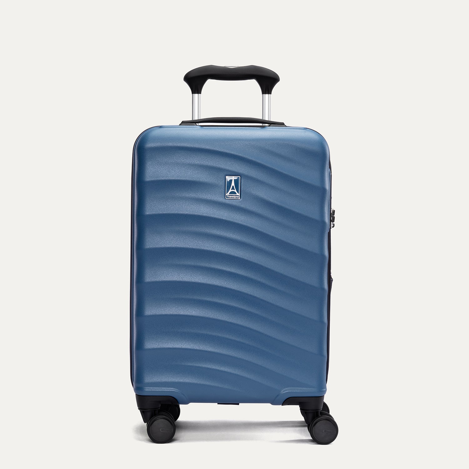 Front view of Travelpro Maxlite Air V2 Carry-On Spinner in Ensign Blue, featuring textured shell and 360° Spinner Wheels.
