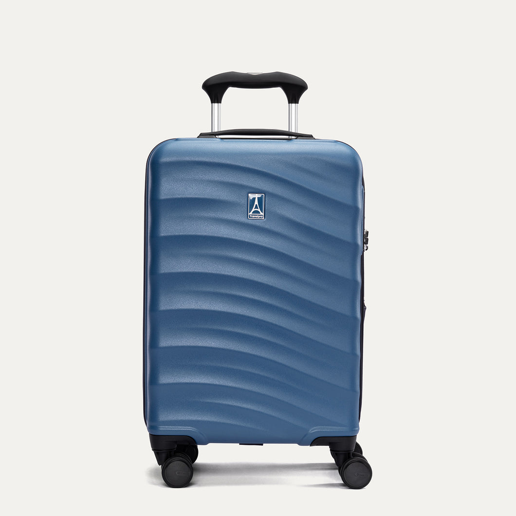 Front view of Travelpro Maxlite Air V2 Carry-On Spinner in Ensign Blue, featuring textured shell and 360° Spinner Wheels.
