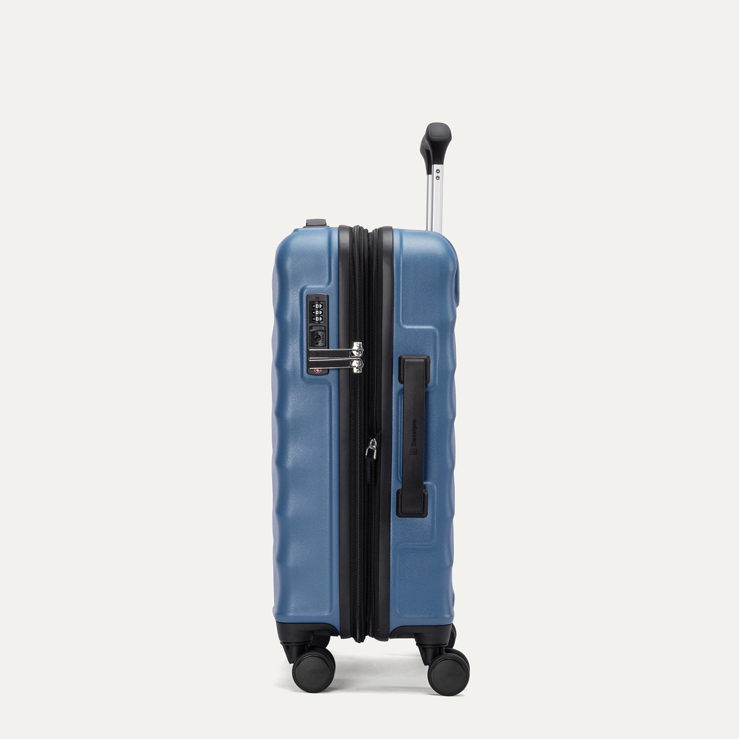 Side view of Travelpro Maxlite Air V2 Carry-On Spinner in Ensign Blue, showing expandable zipper and Low-Profile Side Carry Handles.
