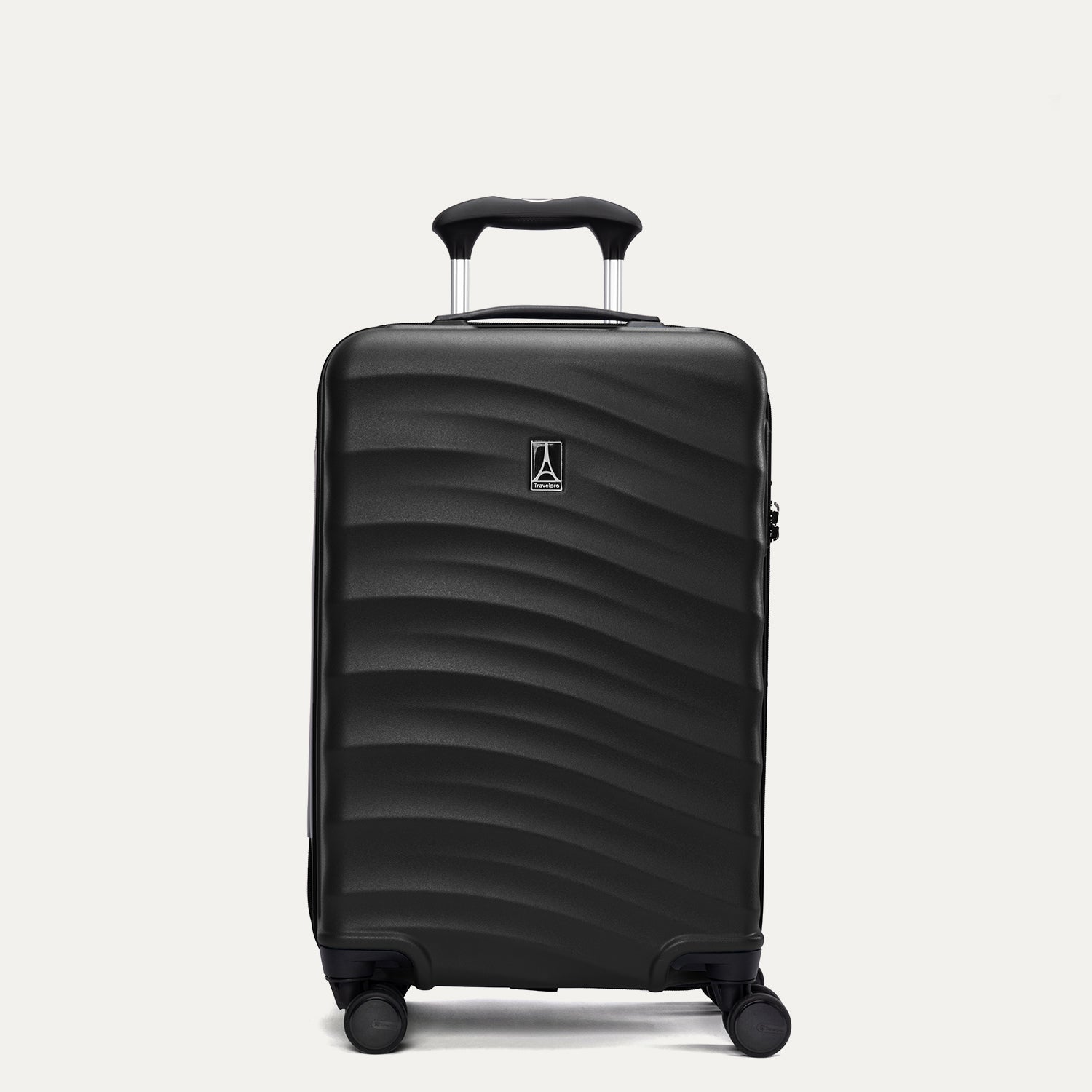 Side view of Travelpro Maxlite Air V2 Carry-On Spinner in Black, showing expandable zipper and Low-Profile Side Carry Handles.