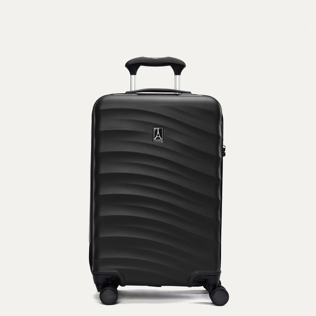 Side view of Travelpro Maxlite Air V2 Carry-On Spinner in Black, showing expandable zipper and Low-Profile Side Carry Handles.