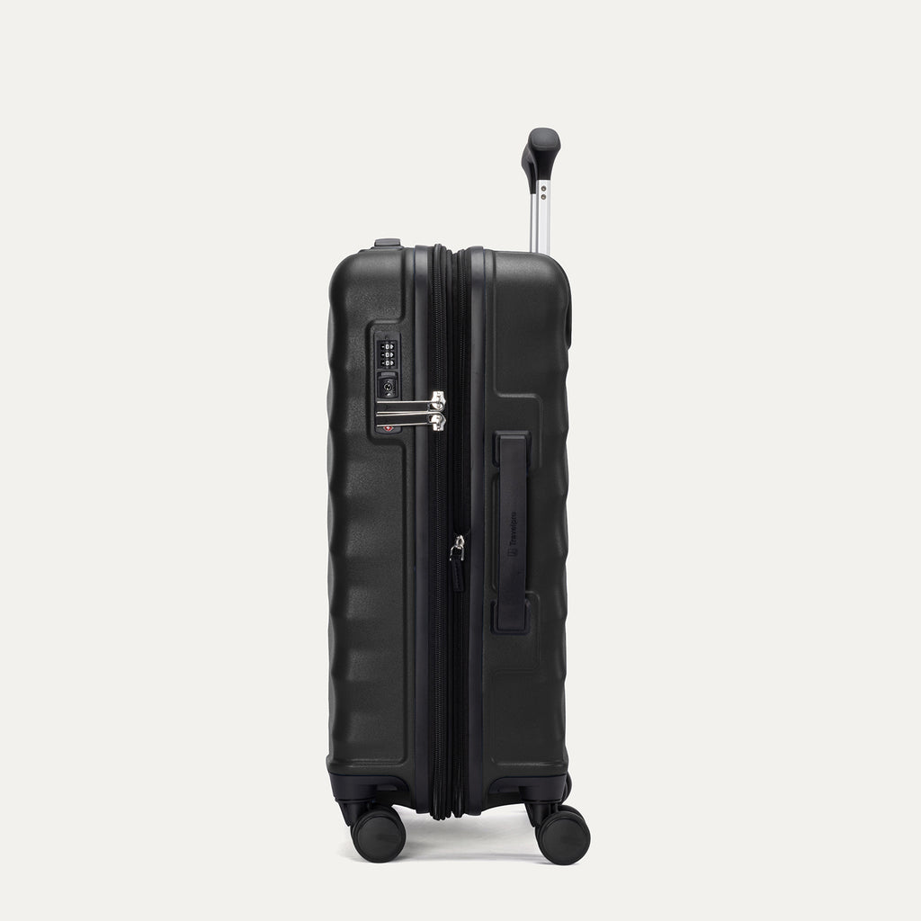 Side view of Travelpro Maxlite Air V2 Carry-On Spinner in Black, showing expandable zipper and Low-Profile Side Carry Handles.