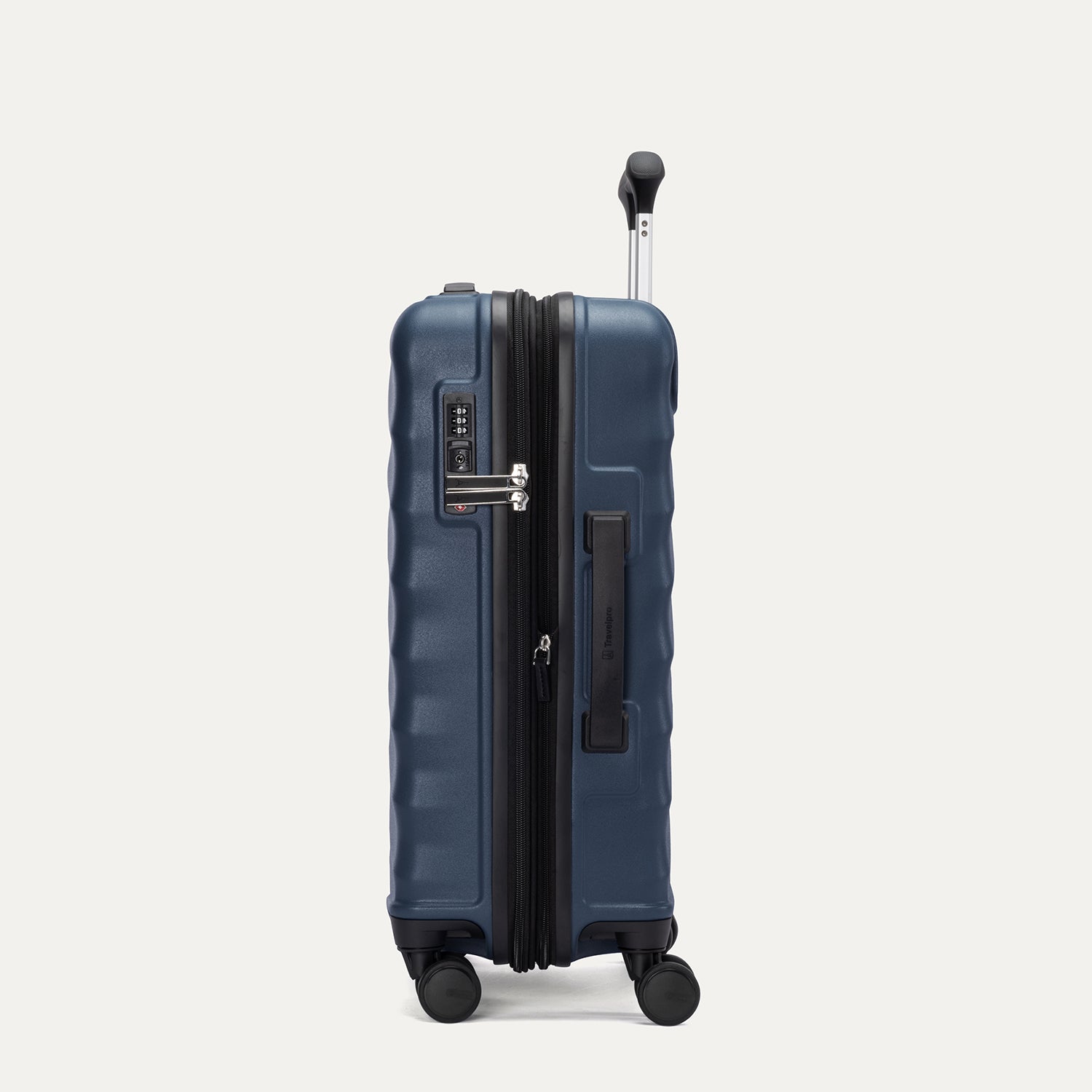 Side view of Travelpro Maxlite Air V2 Carry-On Spinner in Midnight Blue, showing expandable zipper and Low-Profile Side Carry Handles.