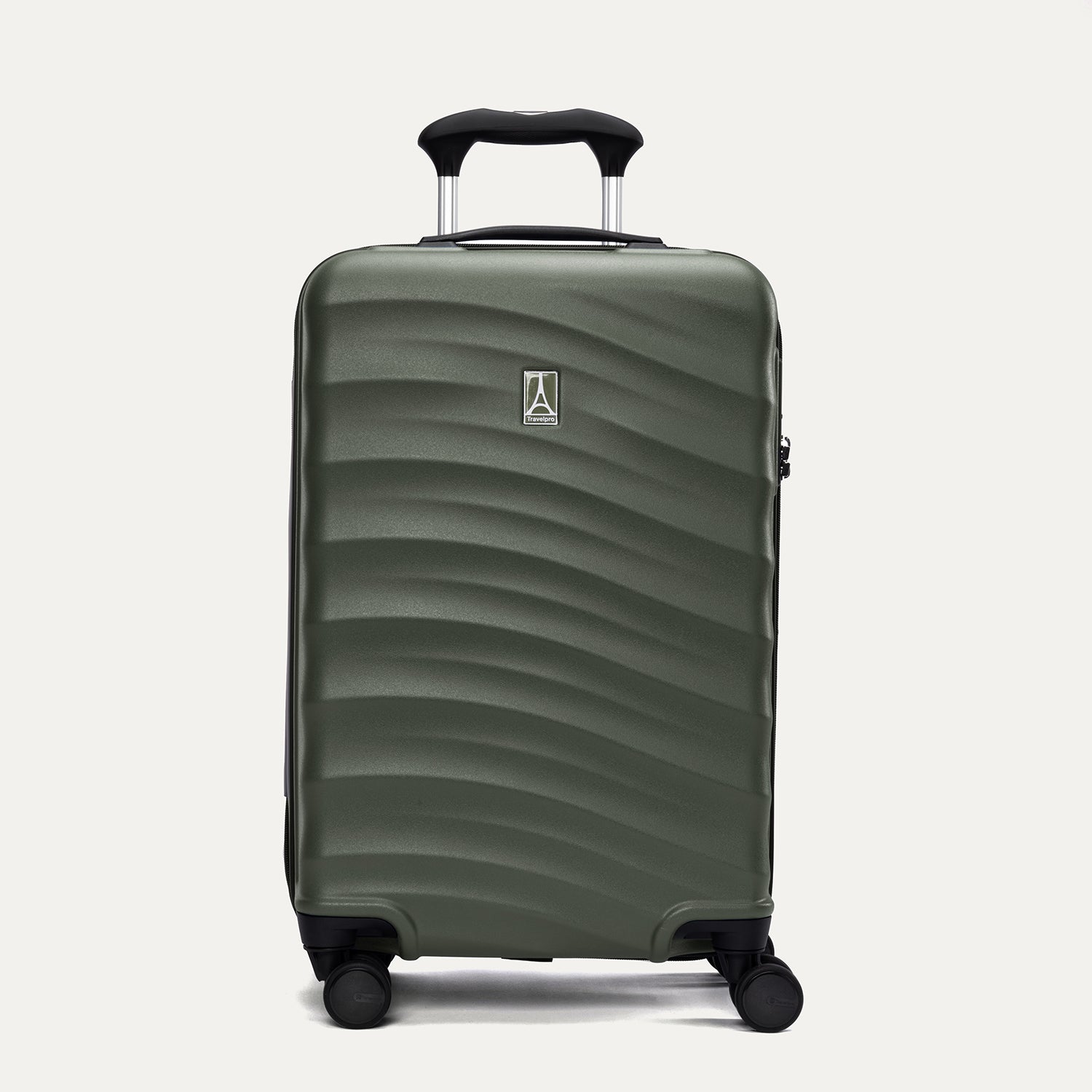 Front view of Travelpro Maxlite Air V2 Carry-On Spinner in Slate Green, featuring extended handle and textured hard shell.