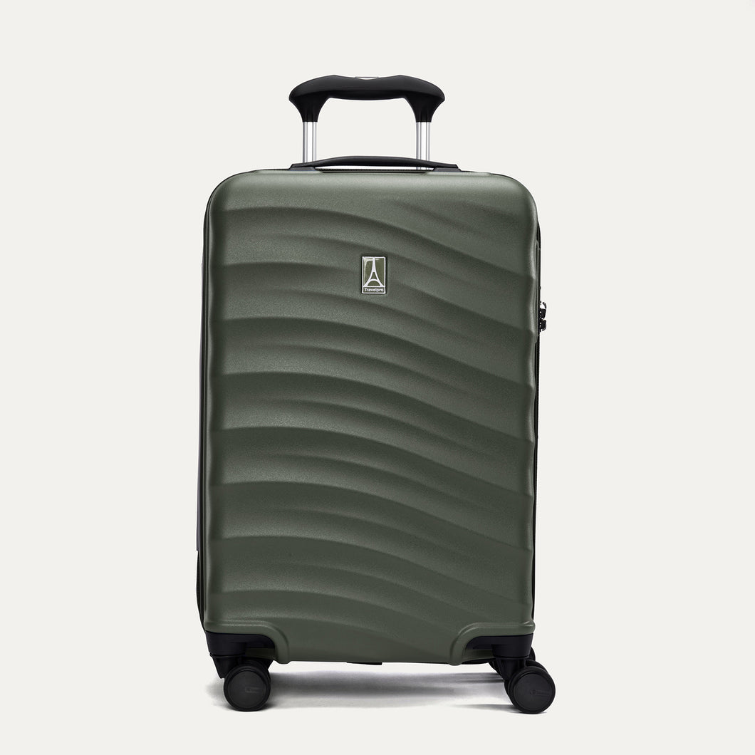Front view of Travelpro Maxlite Air V2 Carry-On Spinner in Slate Green, featuring extended handle and textured hard shell.