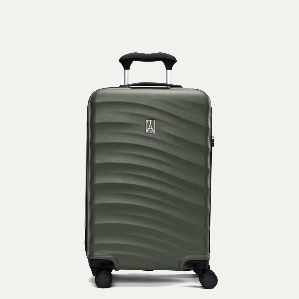Front view of Travelpro Maxlite Air V2 Carry-On Spinner in Slate Green, featuring extended handle and textured hard shell.