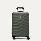Front view of Travelpro Maxlite Air V2 Carry-On Spinner in Slate Green, featuring extended handle and textured hard shell.