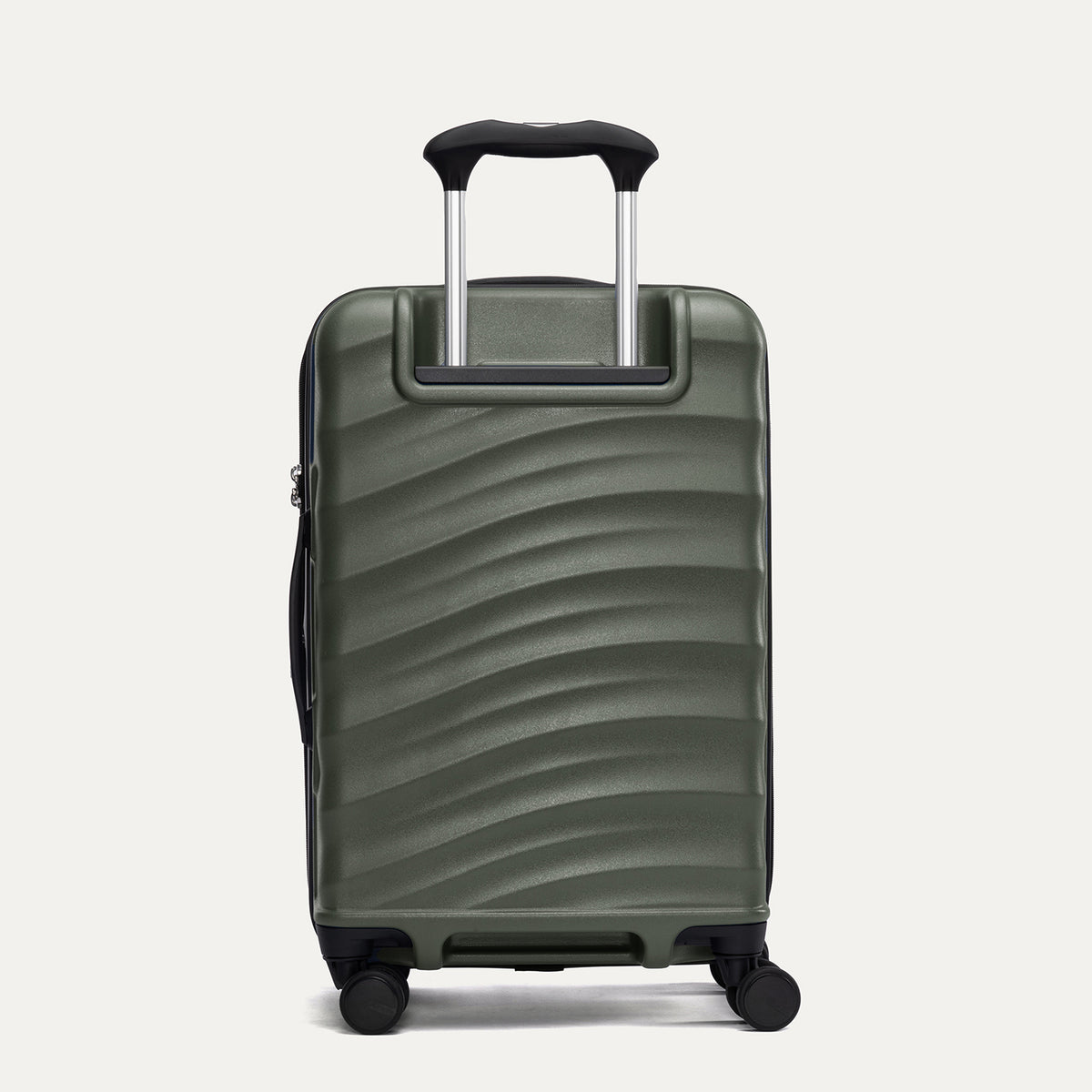 Rear view of Travelpro Maxlite Air V2 Carry-On Spinner in Slate Green, showing the extended telescopic handle and side carry handle