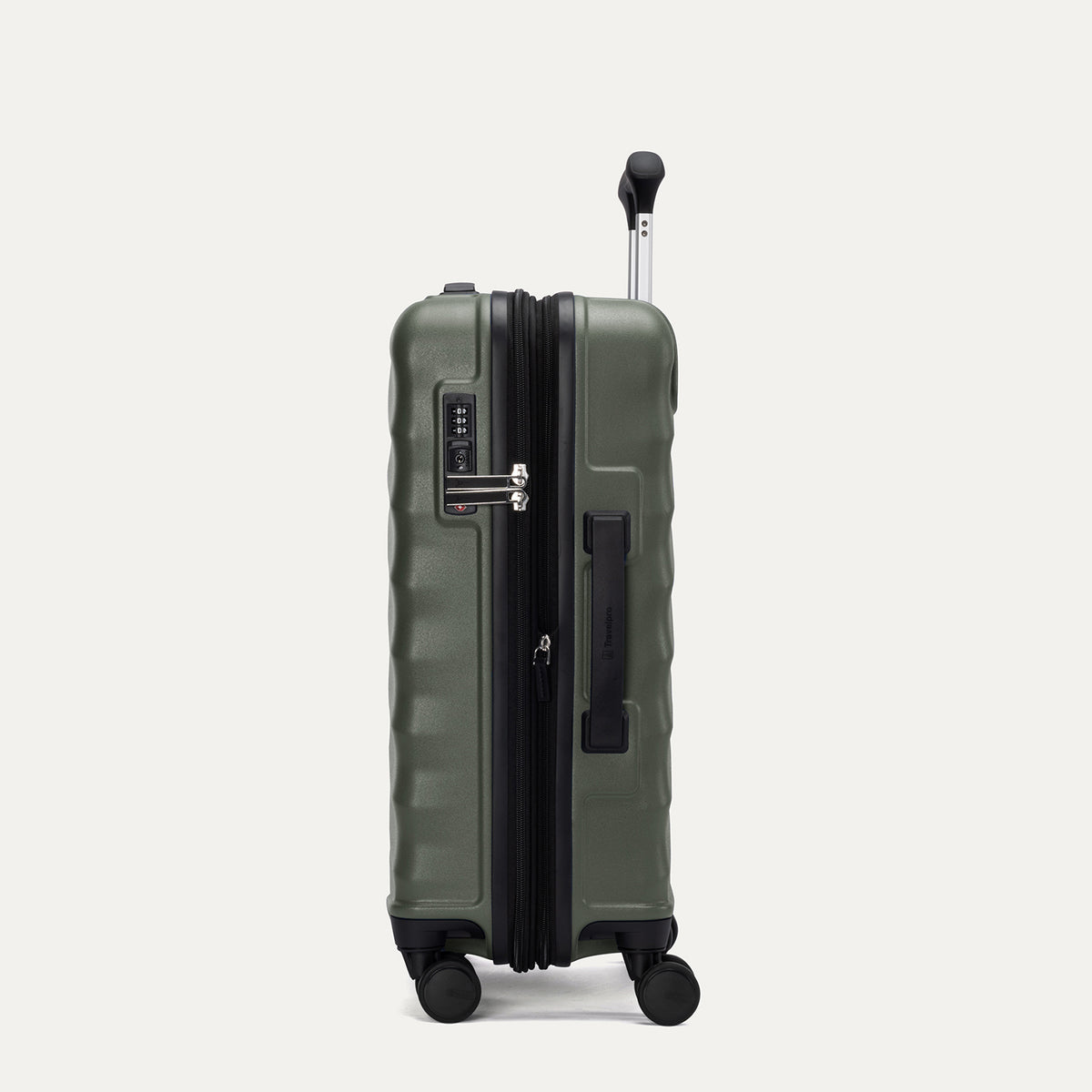 Side view of Travelpro Maxlite Air V2 Spinner in Slate Green, showing expandable zipper and Low-Profile Side Carry Handles.

