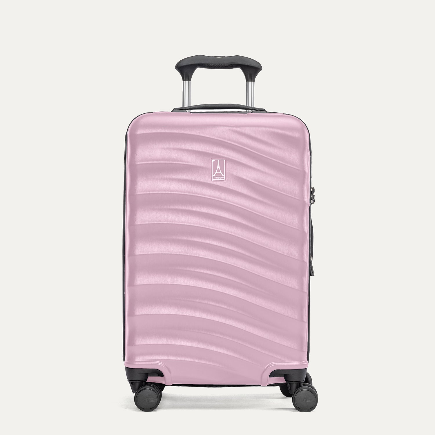 Front view of Travelpro Maxlite Air V2 Carry-On Spinner in Orchid Pink, featuring extended handle and textured hard shell.