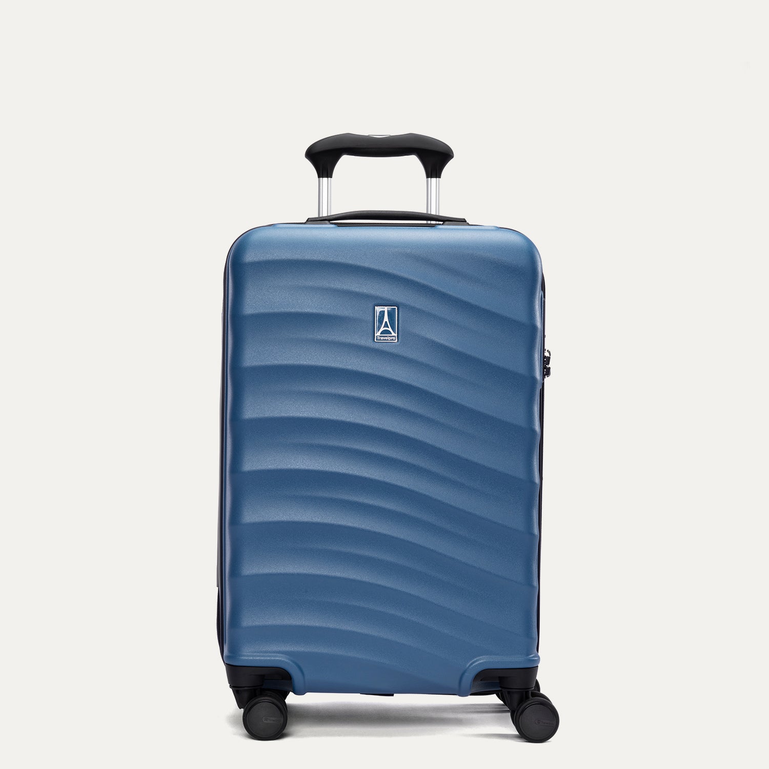 Front view of Travelpro Maxlite Air V2 Carry-On Spinner in Ensign Blue, featuring extended handle and textured hard shell.