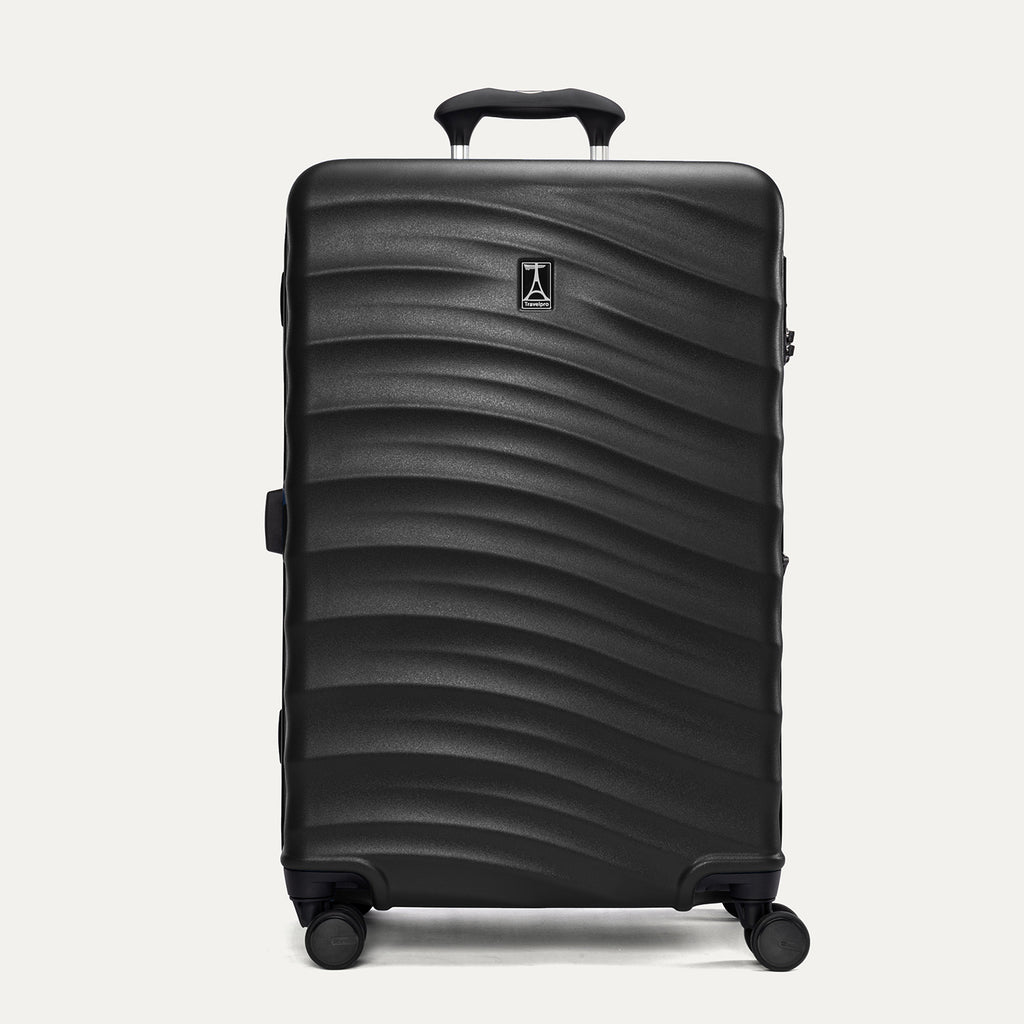 Front view of Travelpro Maxlite Air V2 Check-In Spinner in Black, highlighting an telescopic handle and smooth-rolling spinner wheels.