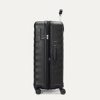 Side view of Travelpro Maxlite Air V2 Check-In Spinner in Black, showing expandable zipper, Low-Profile Side Carry Handle, and extended PowerScope Lite Handle