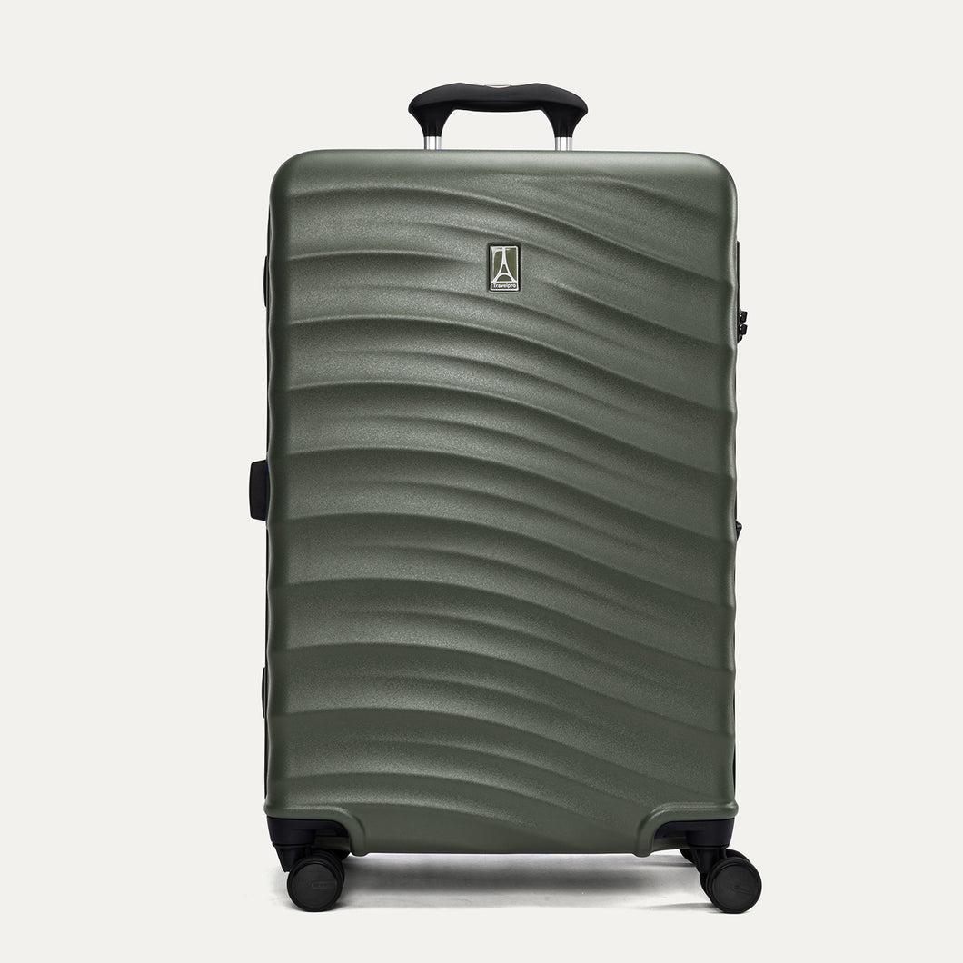 Front view of Travelpro Maxlite Air V2 Check-In Spinner in Slate Green, highlighting an telescopic handle and smooth-rolling spinner wheels.