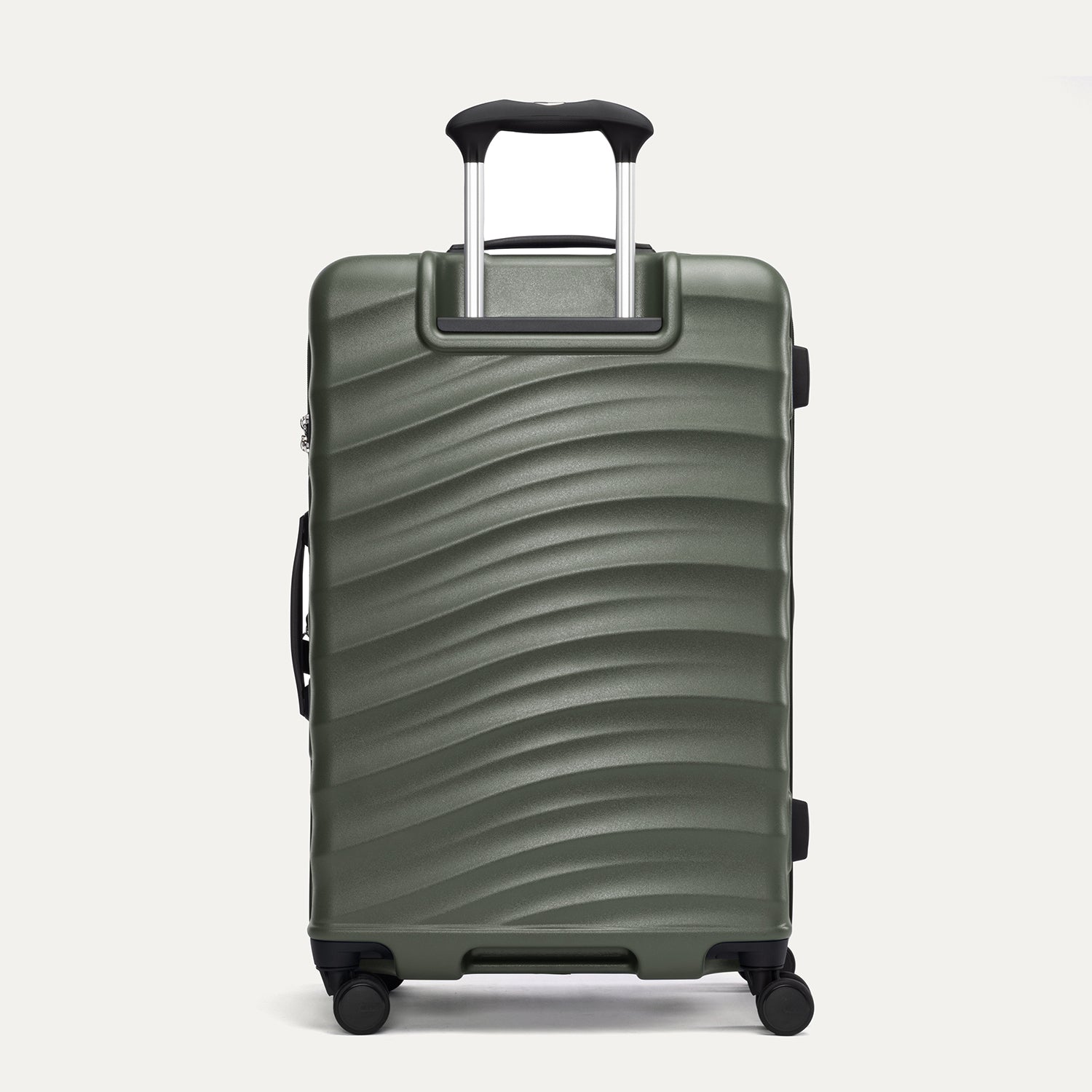 Rear view of Travelpro Maxlite Air V2 Check-In Spinner in Slate Green, showing the extended telescopic handle and side carry handle
