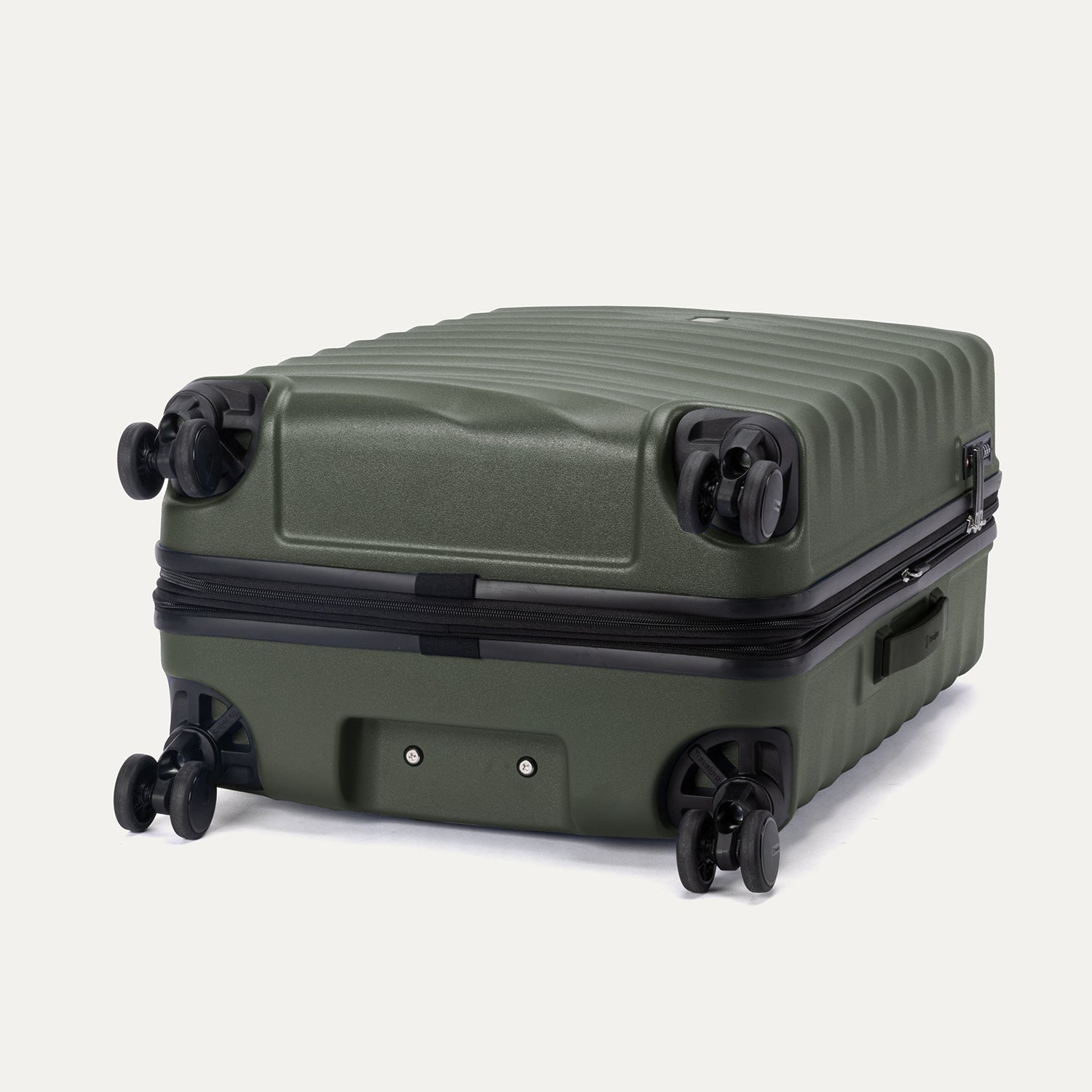 Bottom view of Travelpro Maxlite Air V2 Spinner in Slate Green, featuring dual spinner wheels and visible side carry handle.