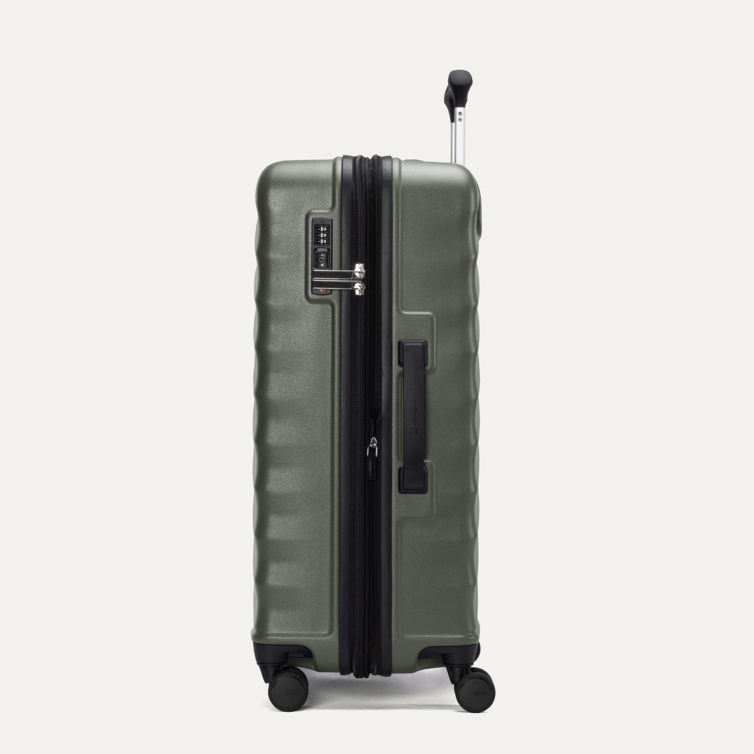 Side view of Travelpro Maxlite Air V2 Carry-On Spinner in Slate Green, showing expandable zipper and Low-Profile Side Carry Handles.