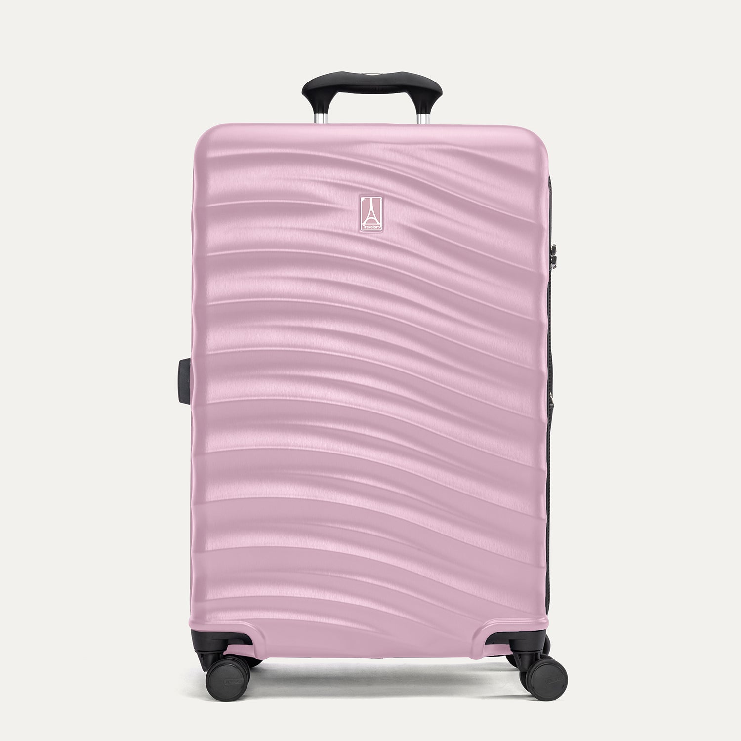 Front view of Travelpro Maxlite Air V2 Check-In Spinner in Orchid Pink, highlighting an telescopic handle and smooth-rolling spinner wheels.
