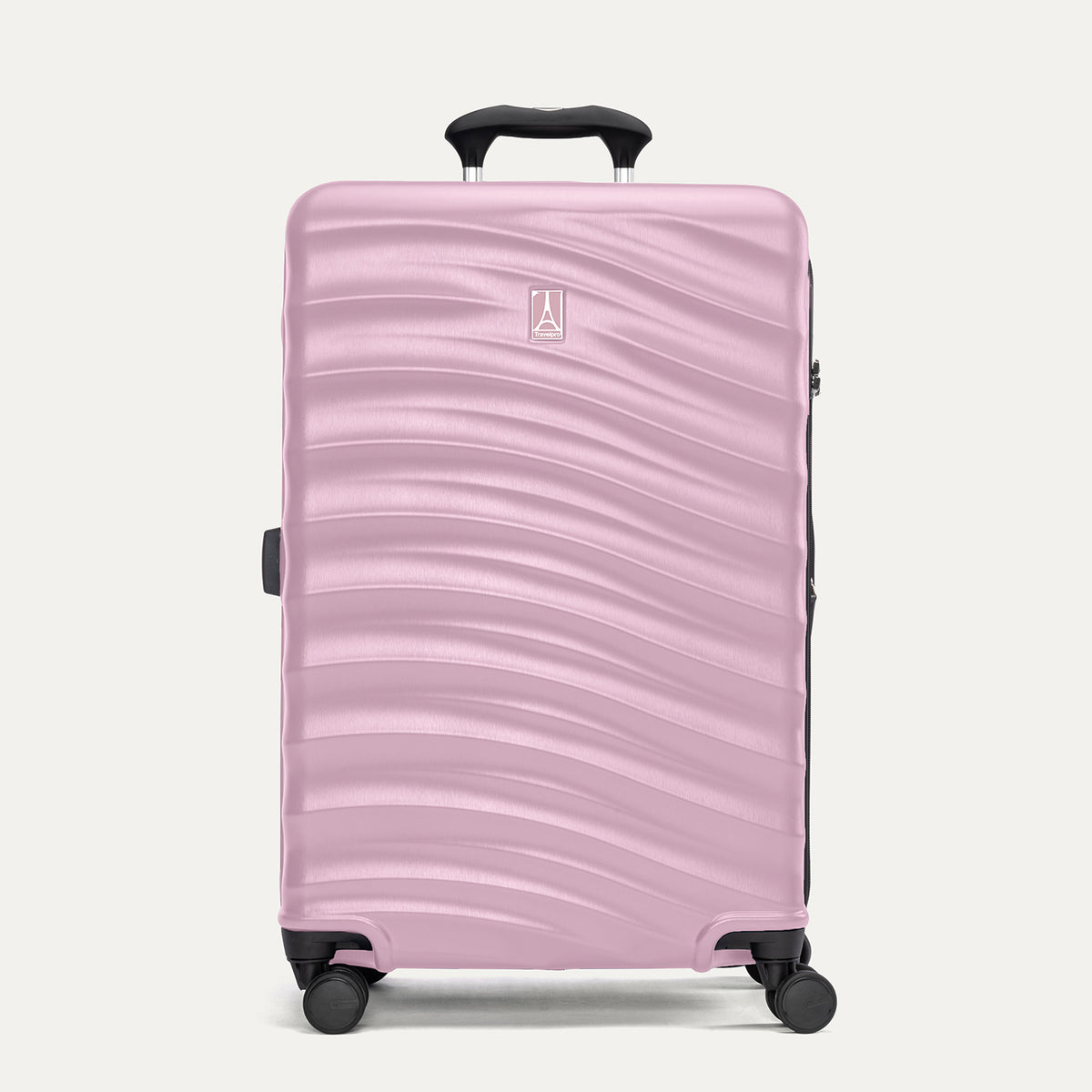 Front view of Travelpro Maxlite Air V2 Check-In Spinner in Orchid Pink, highlighting an telescopic handle and smooth-rolling spinner wheels.