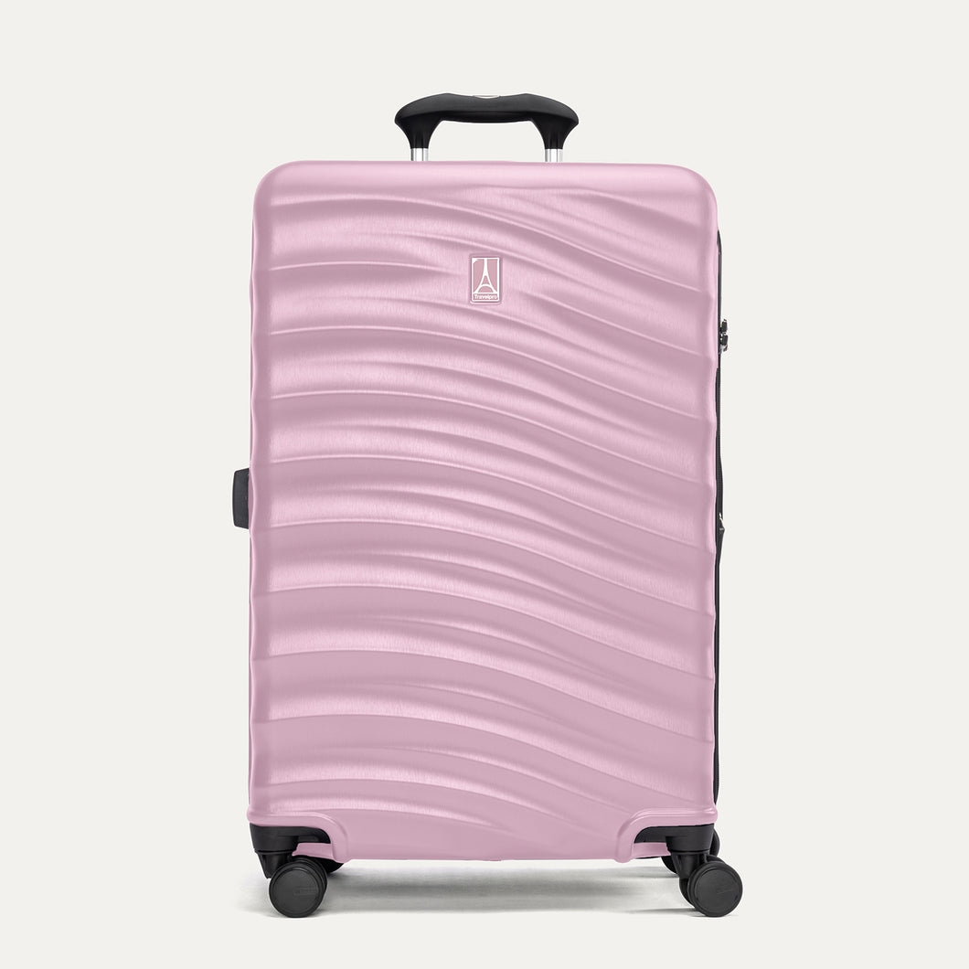 Front view of Travelpro Maxlite Air V2 Check-In Spinner in Orchid Pink, highlighting an telescopic handle and smooth-rolling spinner wheels.