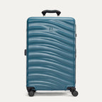 Front view of Travelpro Maxlite Air V2 Check-In Spinner in Teal, highlighting an telescopic handle and smooth-rolling spinner wheels.