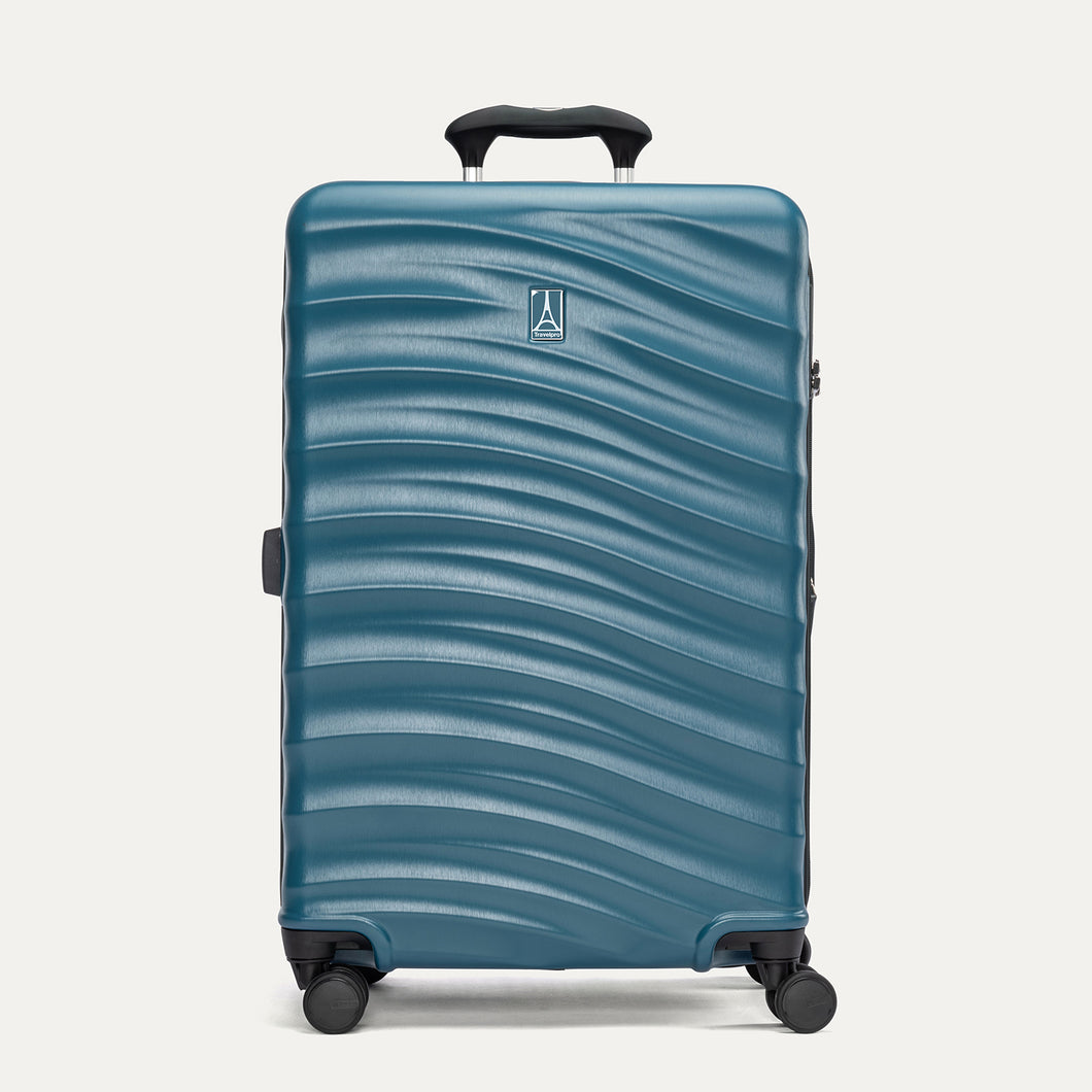 Front view of Travelpro Maxlite Air V2 Check-In Spinner in Teal, highlighting an telescopic handle and smooth-rolling spinner wheels.