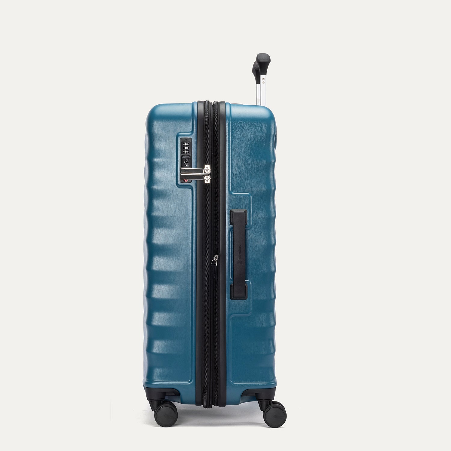 Side view of Travelpro Maxlite Air V2 Check-In Spinner in Teal, showing expandable zipper, Low-Profile Side Carry Handle, and extended PowerScope Lite Handle.