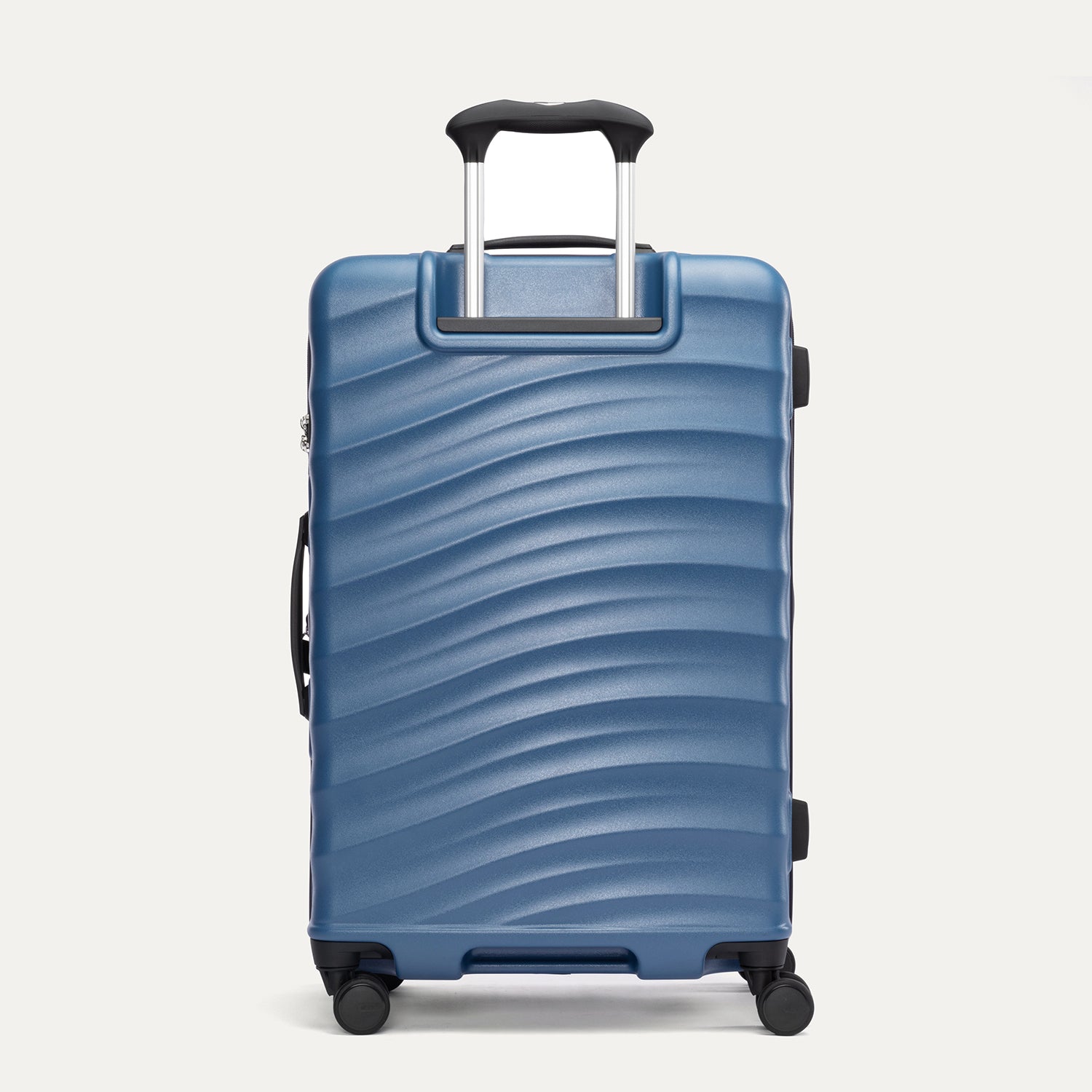 Rear view of Travelpro Maxlite Air V2 Check-In Spinner in Ensign Blue, featuring an extended telescopic handle and side carry handle.