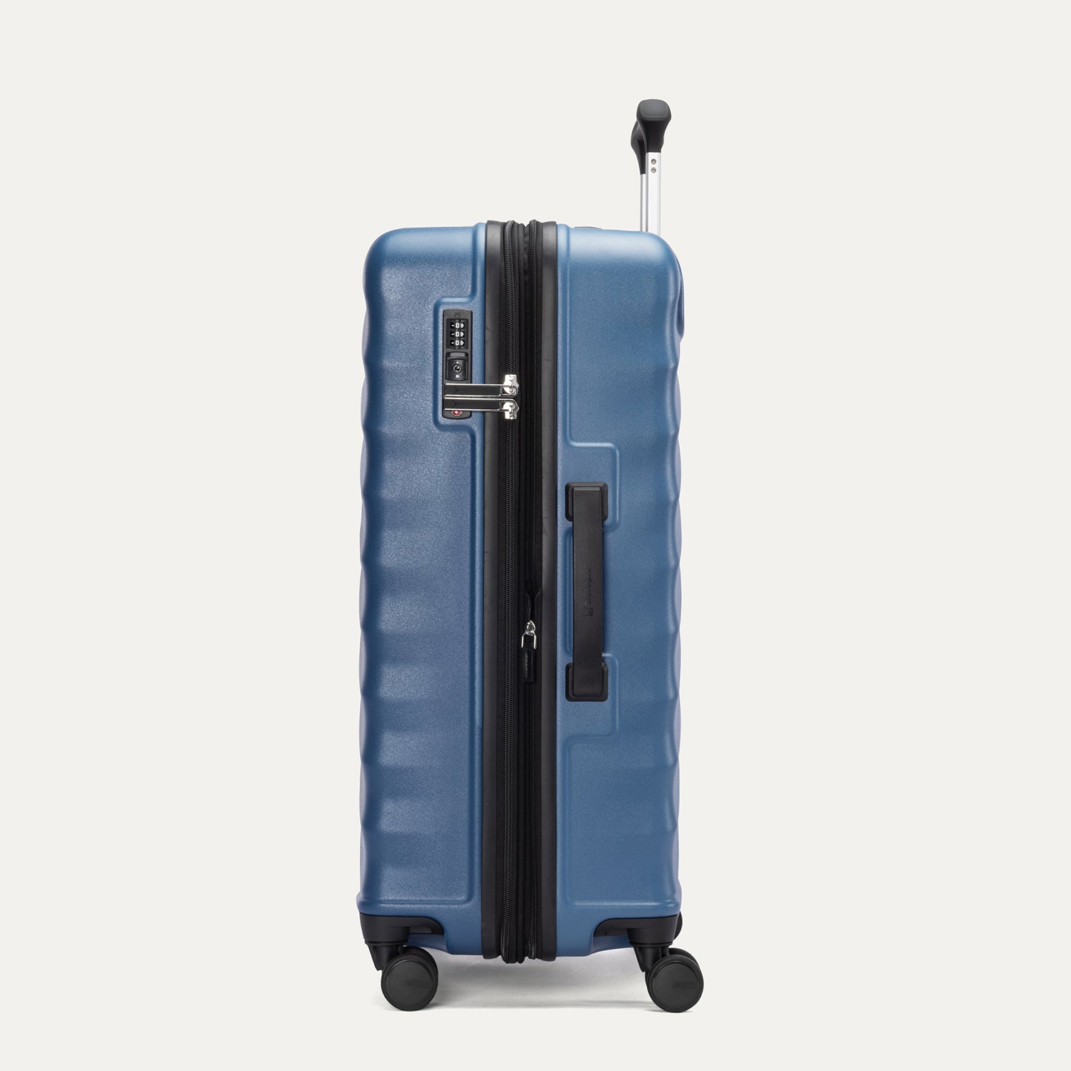 Side view of Travelpro Maxlite Air V2 Check-In Spinner in Ensign Blue, showing expandable zipper, Low-Profile Side Carry Handle, and extended PowerScope Lite Handle.