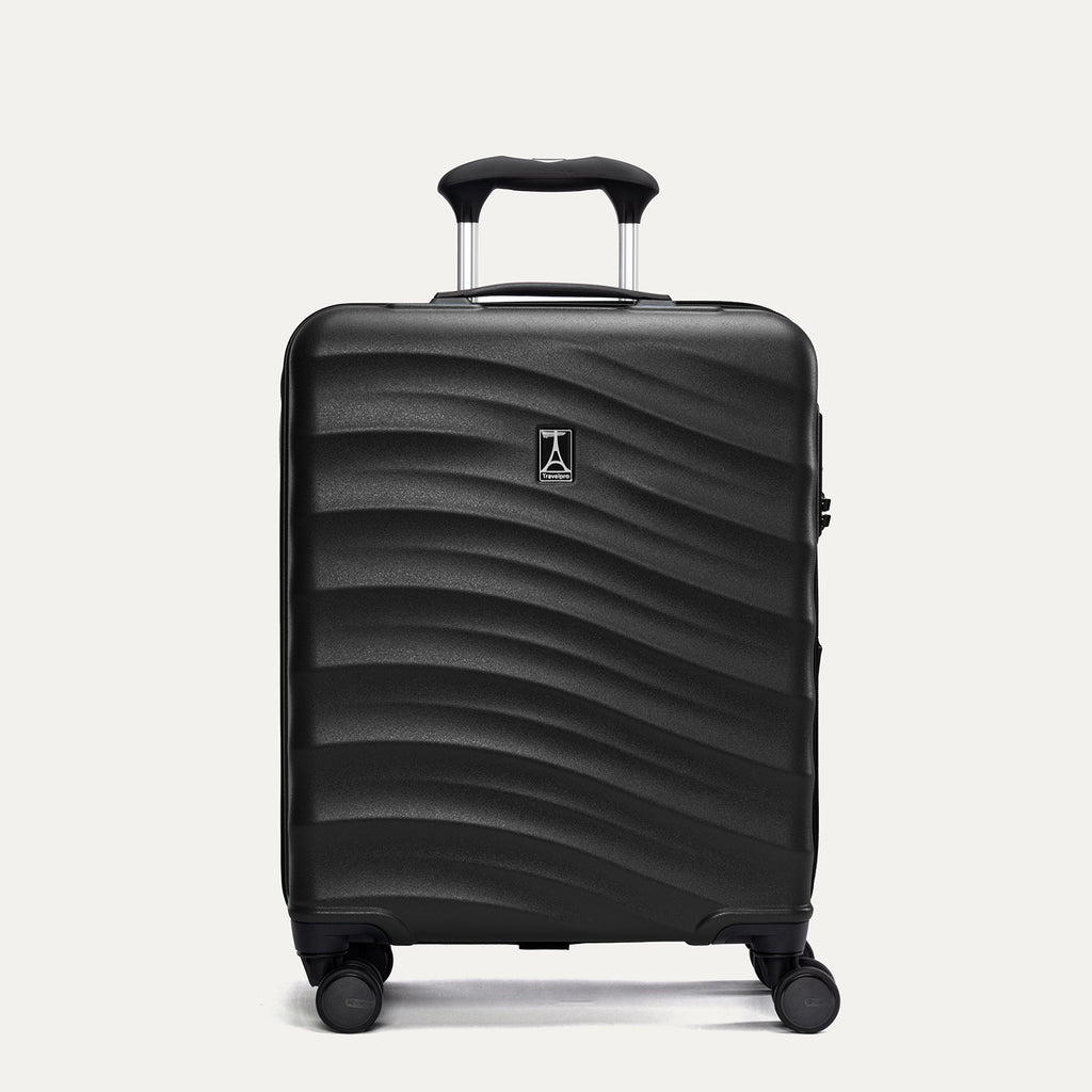 Front view of Travelpro Maxlite Air V2 Compact Carry-On Spinner in Black, showing textured shell design and extended telescopic handle.