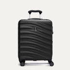 Front view of Travelpro Maxlite Air V2 Compact Carry-On Spinner in Black, showing textured shell design and extended telescopic handle.