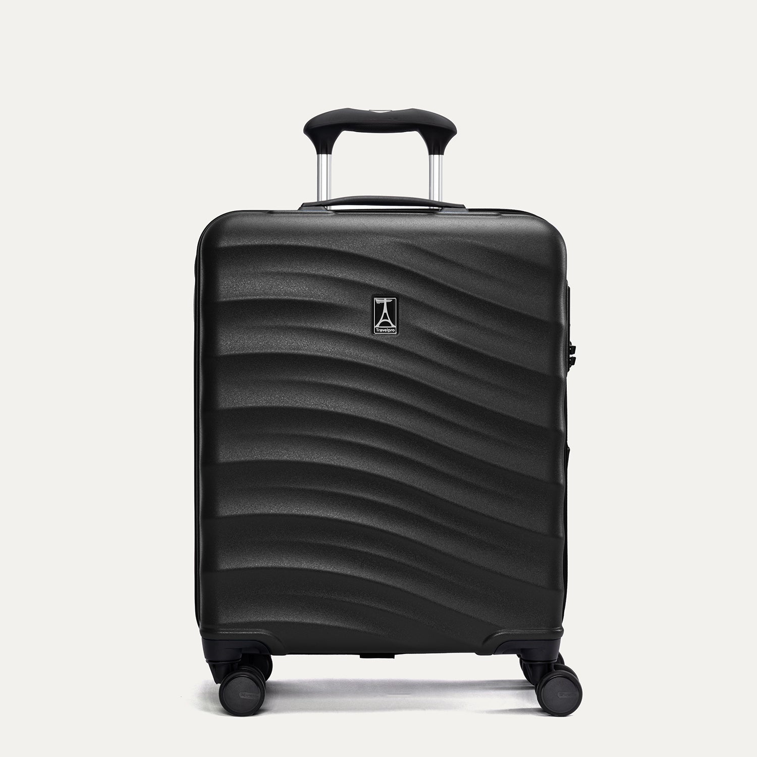 Front view of Travelpro Maxlite Air V2 Compact Carry-On Spinner in Black, showing textured shell design and extended telescopic handle.