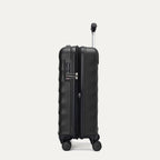 Side view of Travelpro Maxlite Air V2 Compact Carry-On Spinner in Black, featuring expandable zipper and TSA-approved lock with the handle extended.
