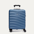 Front view of Travelpro Maxlite Air V2 Compact Carry-On Spinner in Ensign Blue, featuring the logo badge and extended telescopic handle.