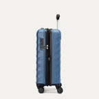 Side view of Travelpro Maxlite Air V2 Compact Carry-On Spinner in Ensign Blue, featuring expandable zipper and TSA-approved lock with the handle extended.